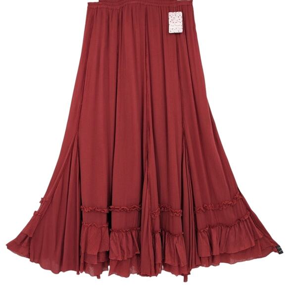 NWT FREE PEOPLE Cypress Ruffle Peasant Hippie Gypsy Maxi Skirt Pomegranate Color - Picture 1 of 11